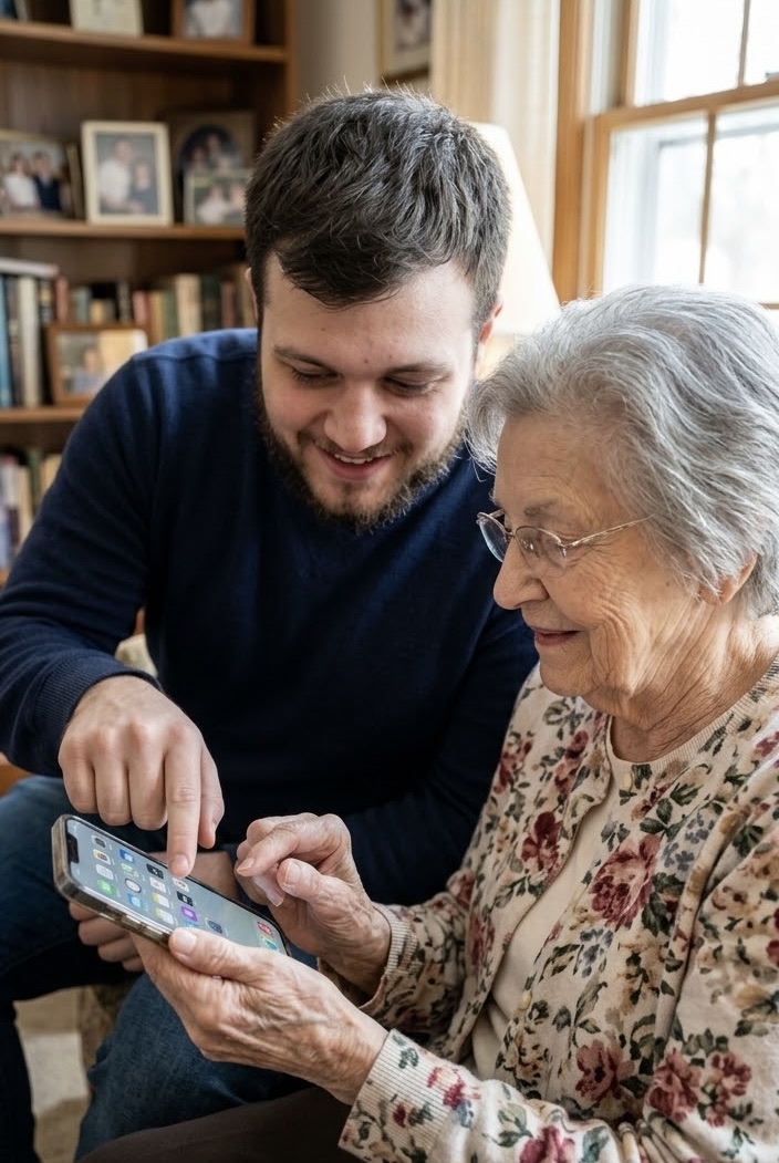 A friendly Wausau Tech Support technician patiently helping a senior woman use her smartphone at home.