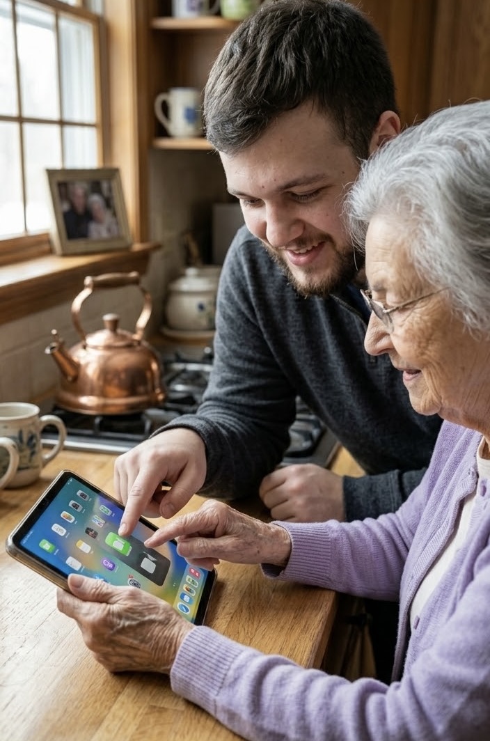 A Wausau Tech Support technician helping a senior woman navigate her tablet at her kitchen table.